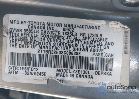 2003 Toyota Corolla S z USA, uszkodzony, nr VIN 2T1BR32E03C088888